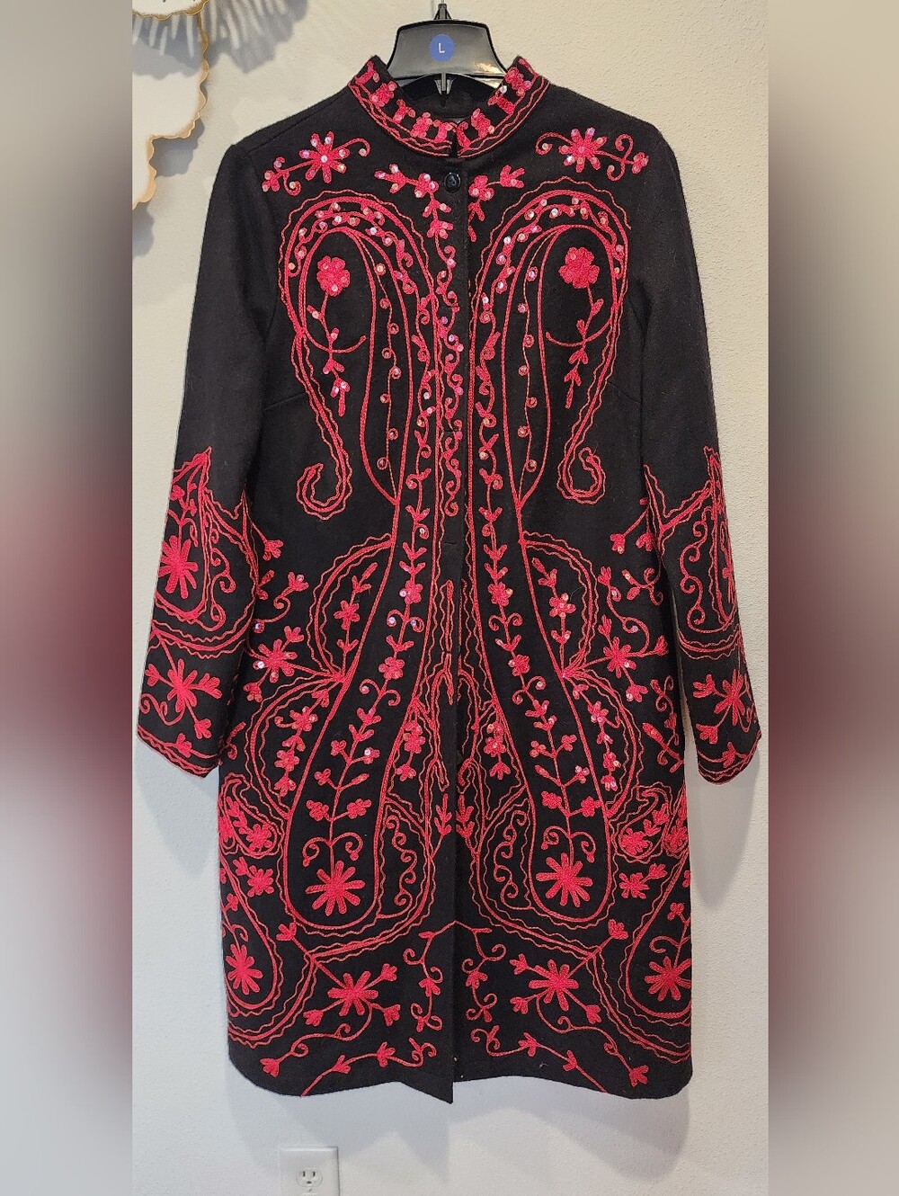 Black Coat with Pink Floral Embroidery